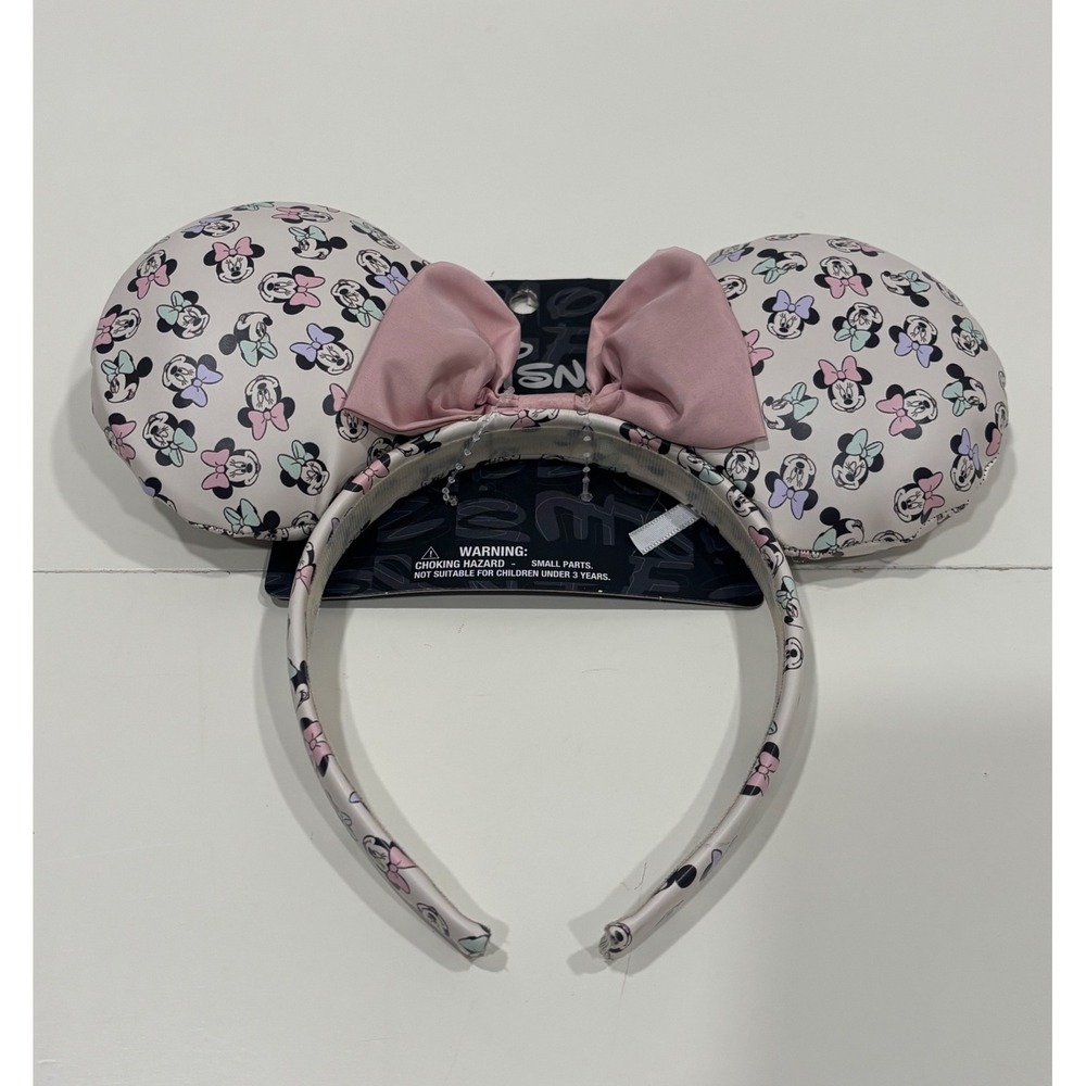 Disney Minnie Mouse Padded Ear Headband Pink Bow Pastel Character Print NEW
